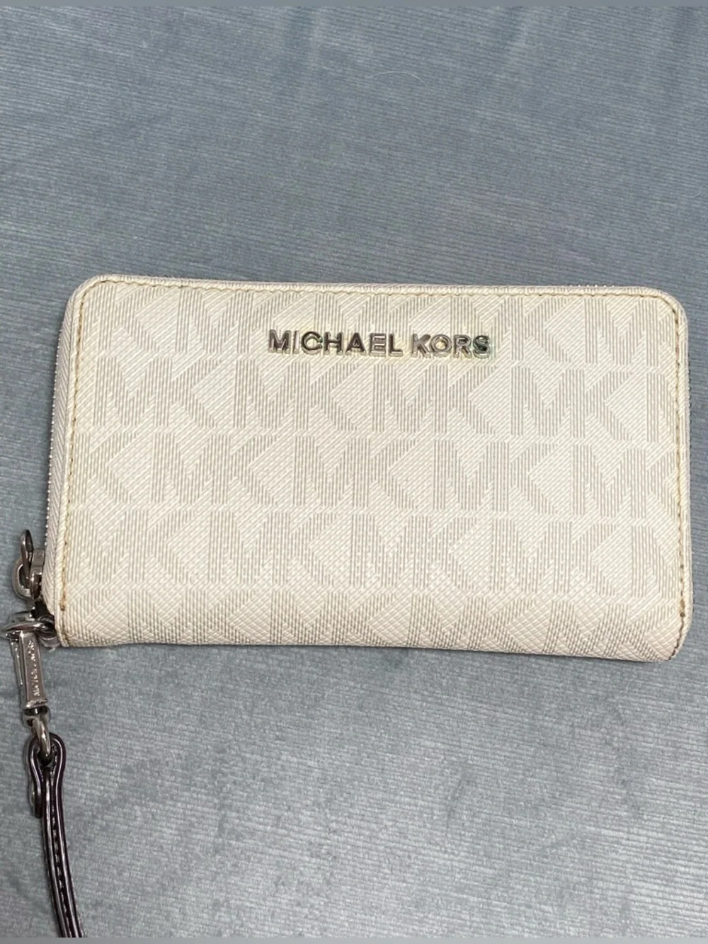 Michael Kors Vanilla Monogrammed Print Wristlet Wallet with Silver Hardware